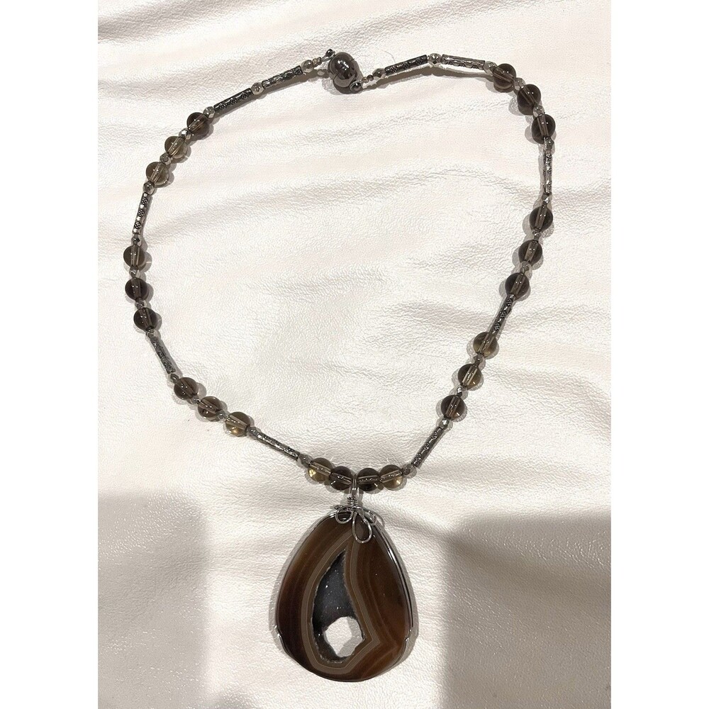 Banded Brown Agate Silver Pendant Choker Necklace 17"